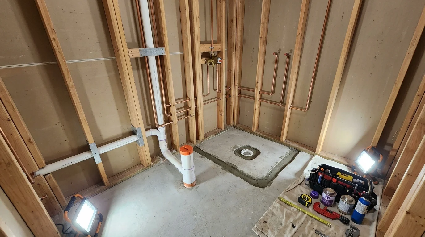 Bathroom rough-in plumbing during remodel by Johns Plumbing LLC in Levittown