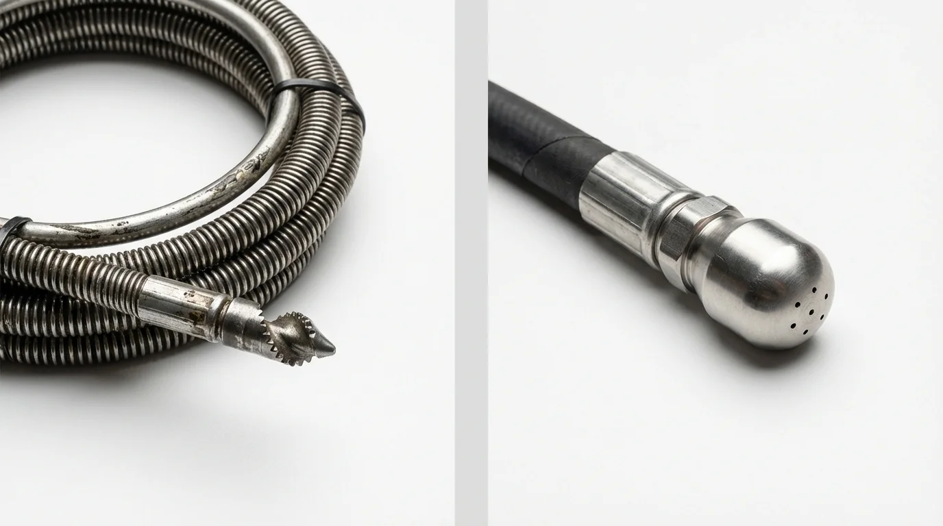 Drain snake cable and hydro jetting nozzle used for drain cleaning in Levittown, PA