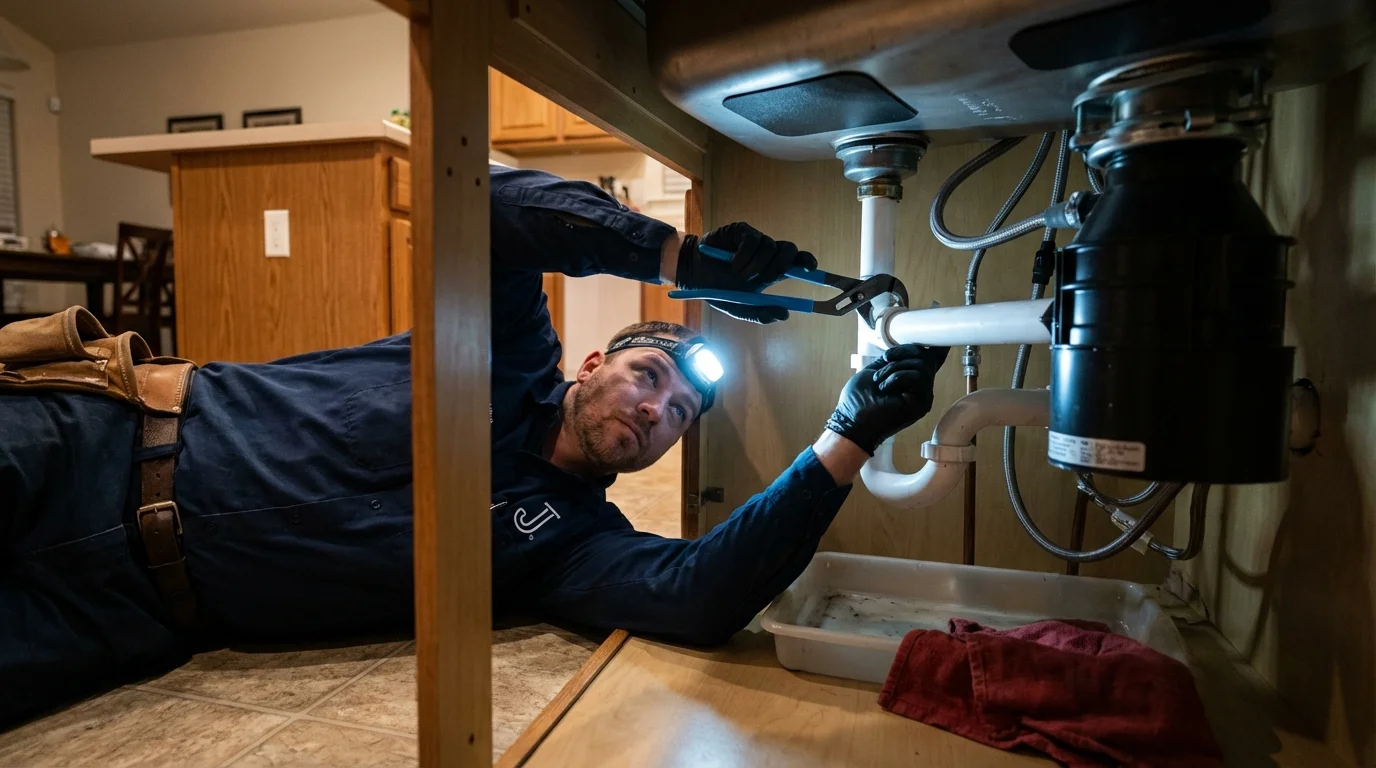 P-trap and supply line connections under a kitchen sink showing a common leak point in Levittown, PA